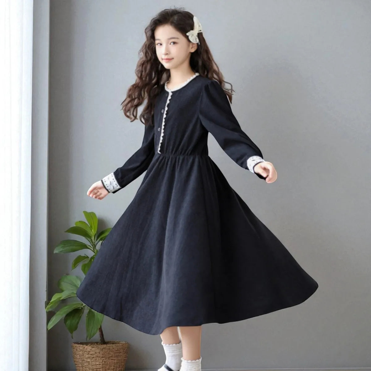Back to School Uniform Kids Black Dresses for Girls Clothes Long Sleeve Casual Dresses Outfits Teenagers Children Baby Costumes