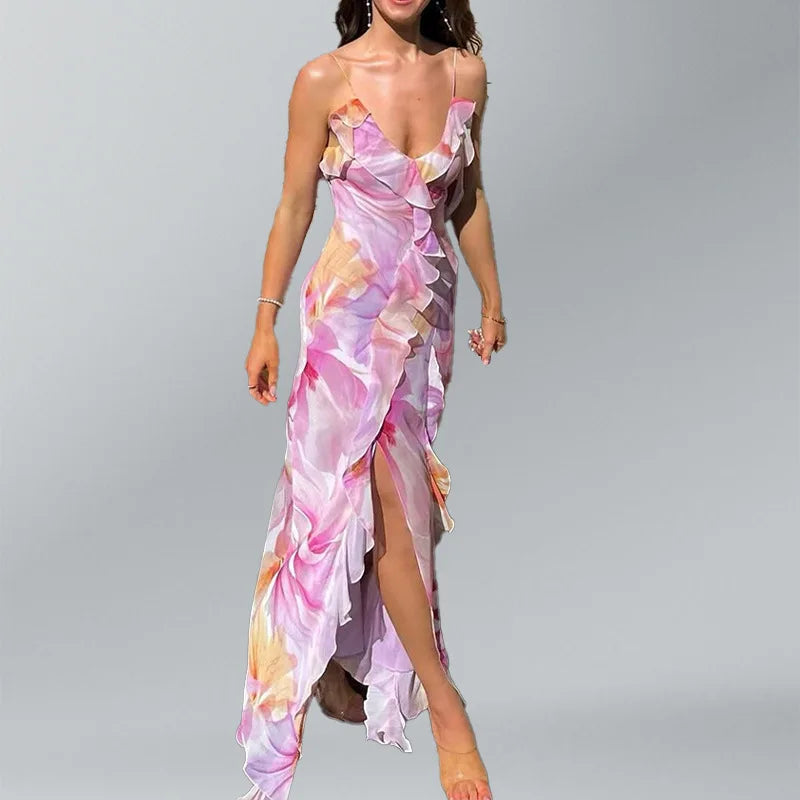Summer New Style Women's Elegant Long Dress For Seaside Vacation Sexy Deep V-neck Suspender Slim Irregular Ruffled Slit Dress
