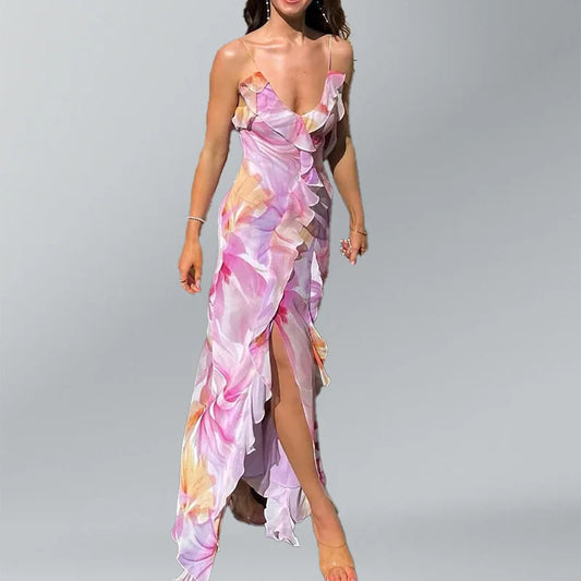 Summer New Style Women's Elegant Long Dress For Seaside Vacation Sexy Deep V-neck Suspender Slim Irregular Ruffled Slit Dress