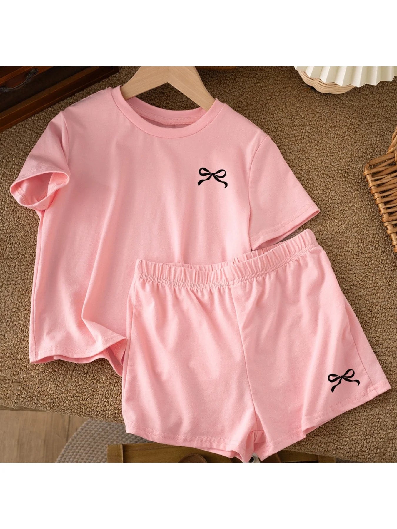 Casual Children's Clothing Set Solid Color Printed round Neck Short Sleeve Top with Wide Leg Shorts Pants for Kids