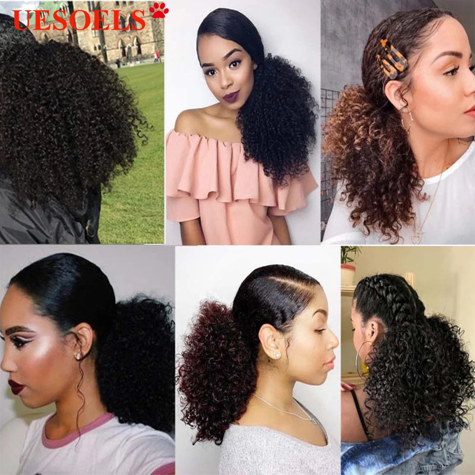 16A Curly Ponytail Extensions Deep Wave Drawstring Ponytail For Women Human Hair With Clip In Thick Ponytail Hair Natural #1B