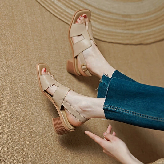 2025 Summer Women Shoes Square Toe Chunky Heel Women Sandals High Heels Ladies Shoes Casual Leather Shoes Women Genuine Leather