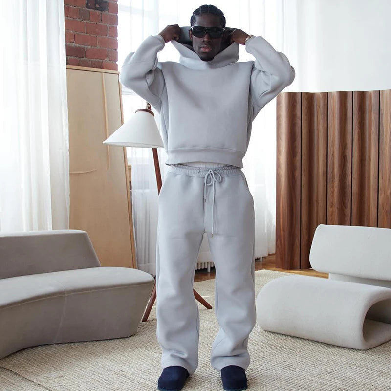 Men's Casual Solid Hooded Pullover Straight Pants 2 Piece Set Tracksuit For Fashion Loose Hoodies Sweatshirt Wide Leg Sweatpants