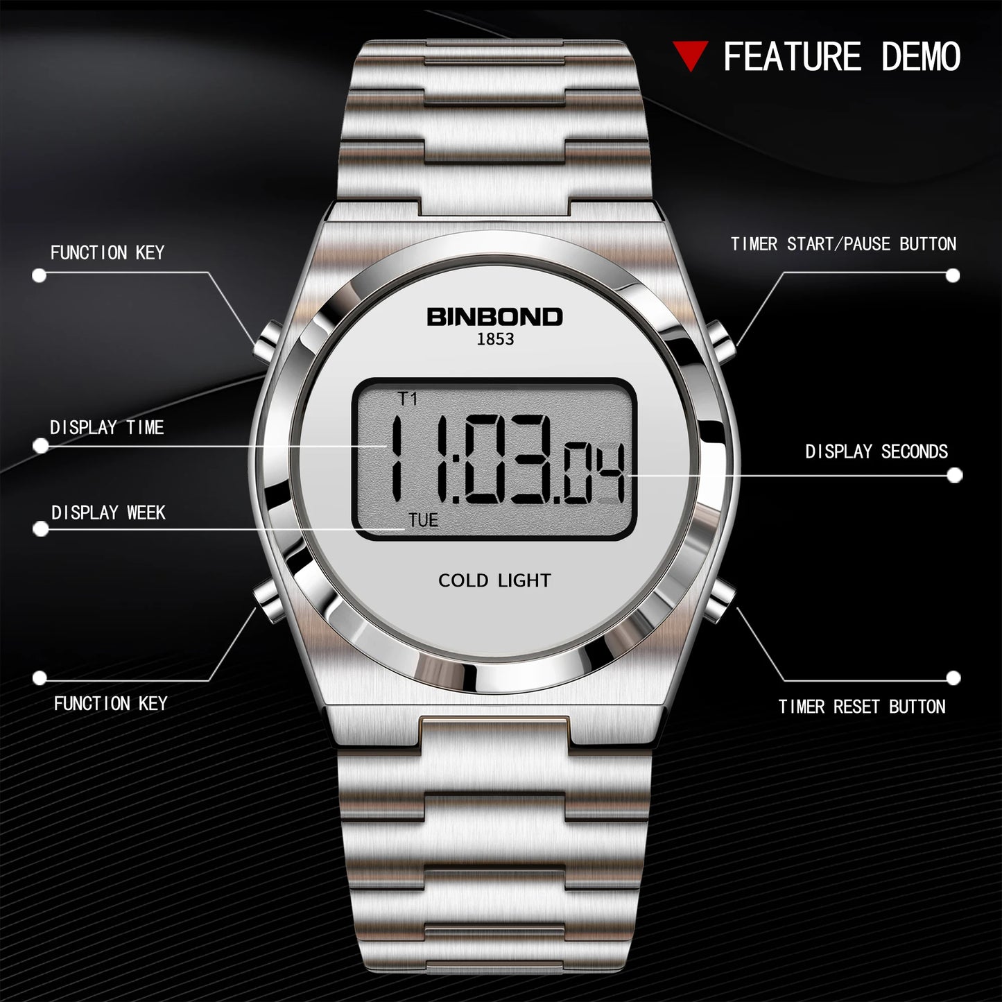 BINBOND New Men Electron Watch Luxury Stainless Steel LED Digital Waterproof Men Wristwatch Luminous Sports Clock Reloj Hombre