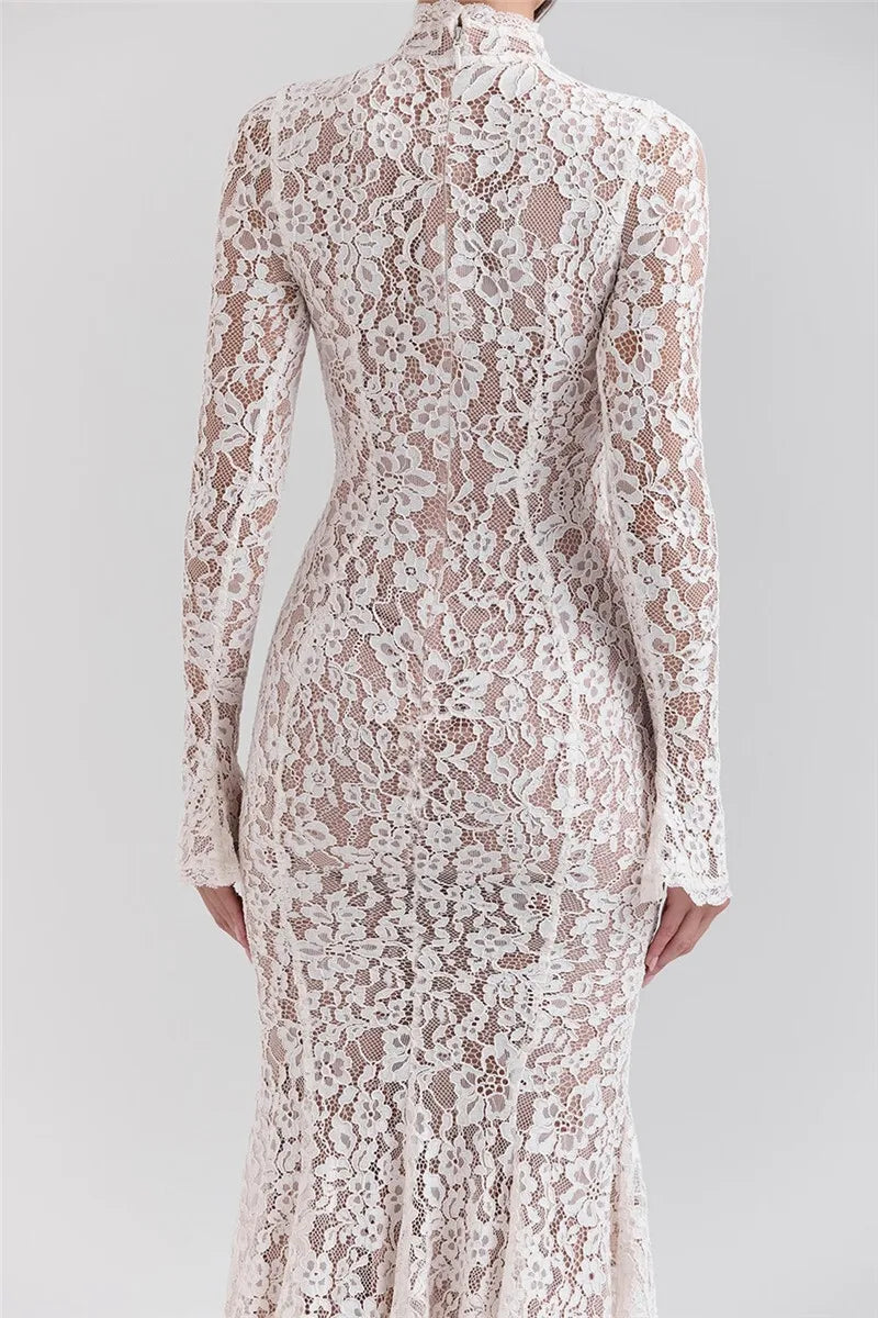 Mozision Lace Long Sleeve Sexy Midi Dress For Women Elegant White Half High Collar High Waist Bodycon Club Party Sexy Long Dress
