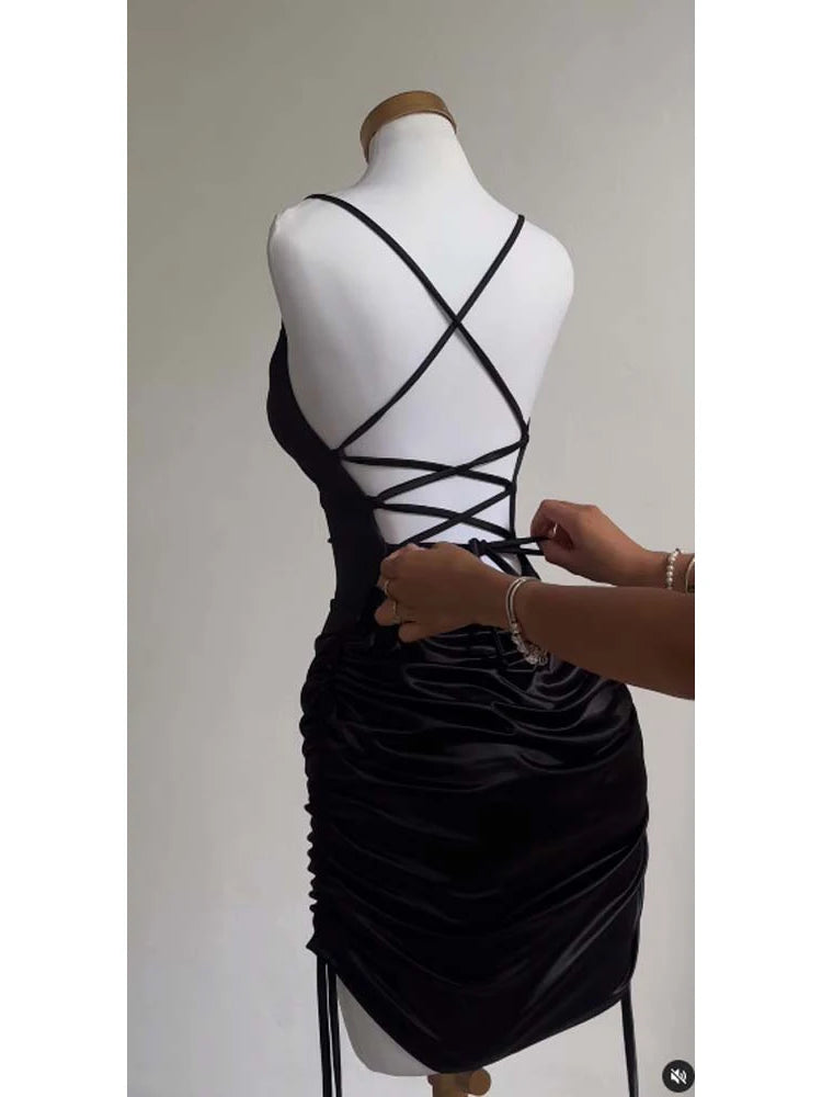 Sexy Sleeveless Backless Bodycon Mini Dress Women Lace Up Party Black Y2K 2025