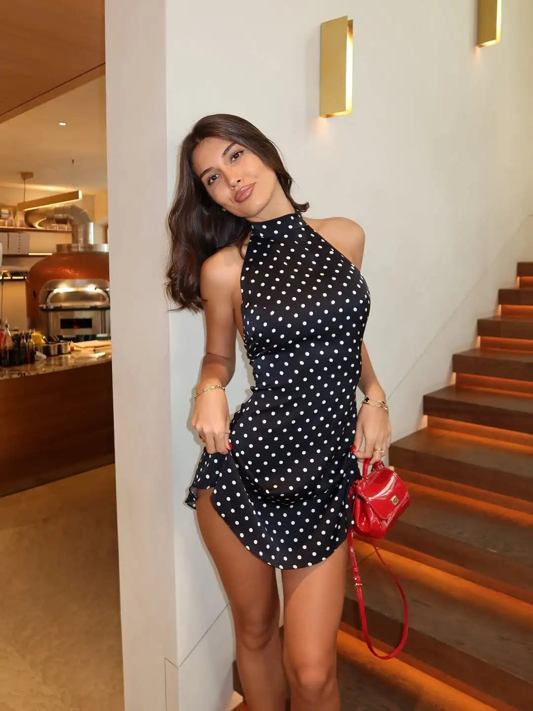 Talenza Polka Dot Mini Dress For Women Summer Off Shoulder Sleeveless Backless Halter Dress Female Elegant Party Slim Dress 2025