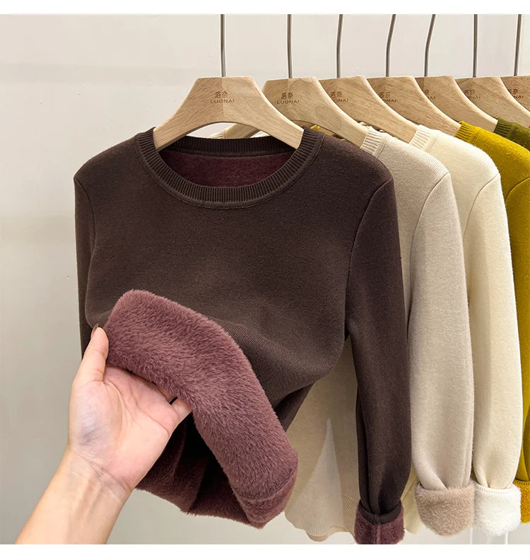 Women's O-neck Velvet Thicken Sweaters Winter Slim Warm Long Sleeve Knitted Tops Casual Plush Fleece Lined Soft Pullovers Ladies