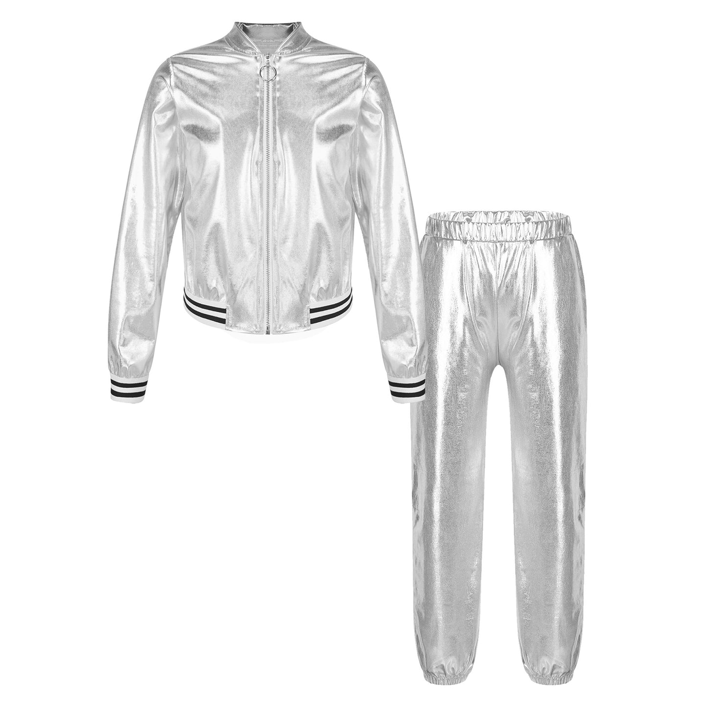 Kids Girls Sports Outfits Jazz Hip Hop Street Dance Costume Shiny Metallic Long Sleeves Bomber Jacket Coat with Pants Streetwear