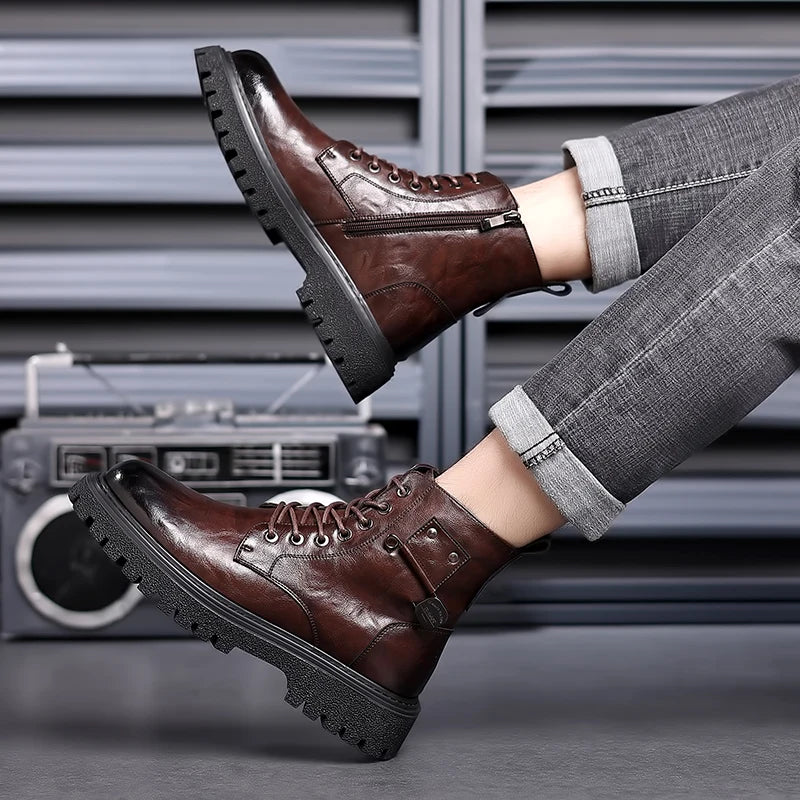 Luxury Brand Men Genuine Leather Stylish Ankle Boots Winter Classic Lace-up Antiskid Thick Bottom Boots Men Casual Leather Shoes