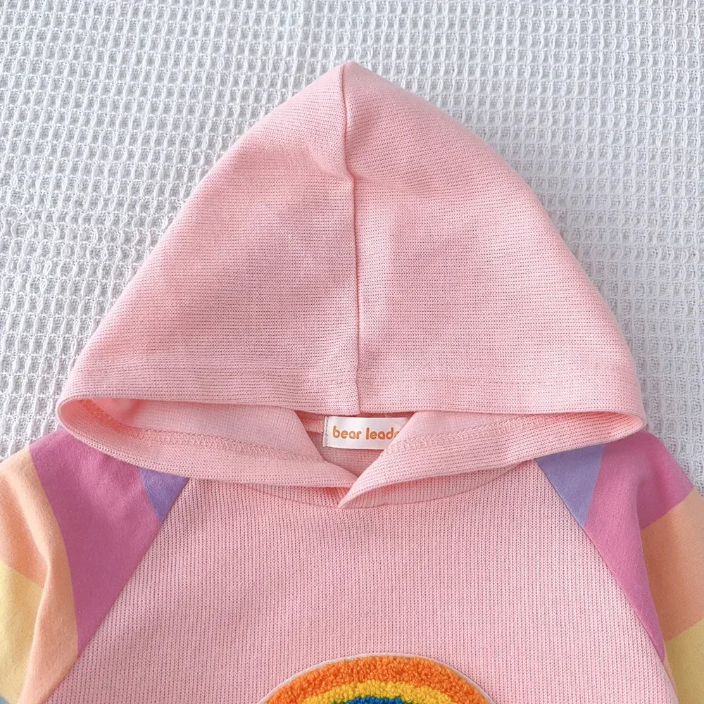 Autumn Rainbow Dress Baby Girls Party Princess Dress Korean Version Long Sleeves Kids Clothes Casual Hooded Sweatshirt Outfits