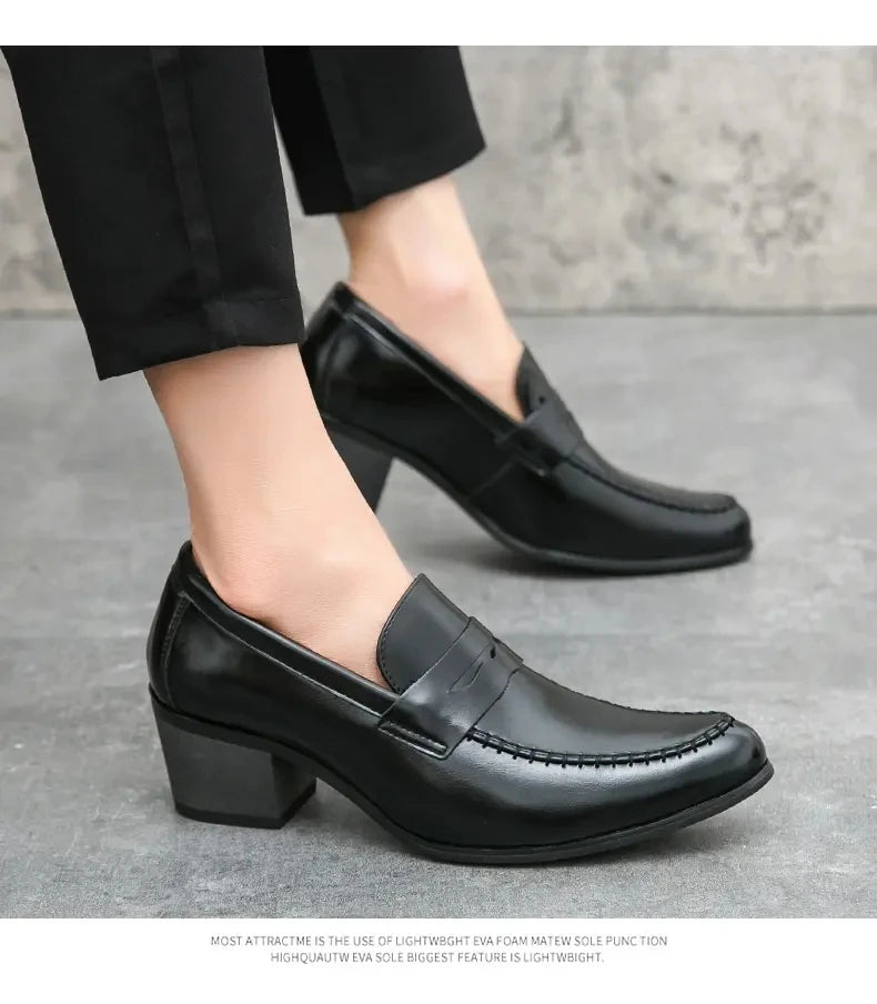 Men Retro Dress Shoes Black Brown Medium High Heels European and American Business Banquet Cuban Leather Shoes Size 38-45