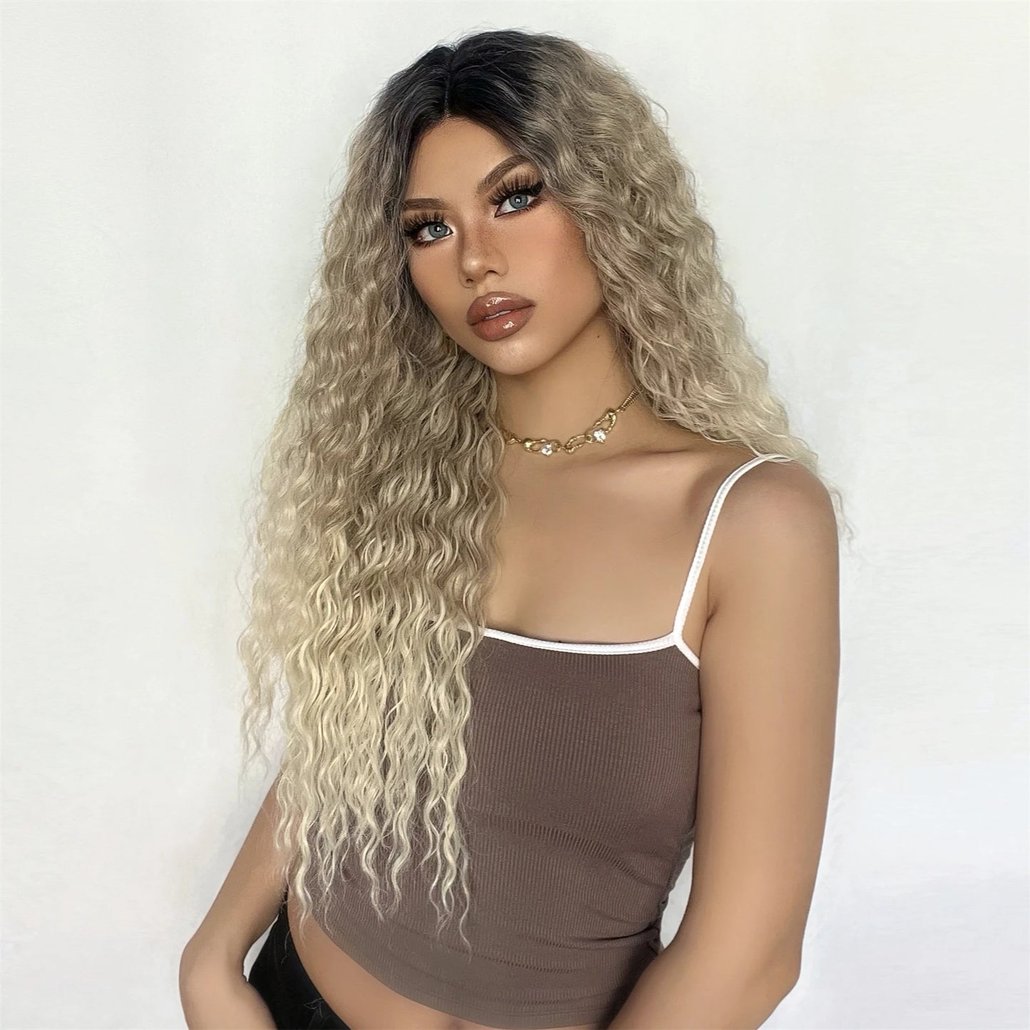 Long Afro Kinky Curly Lace Front Synthetic Wigs Brown Blonde Ombre Wig Dark Root Transparent Deep T Part Lace Wig for Women Use