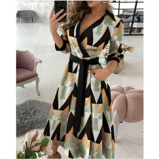 Hot Sale Woman Belted Waist Wrap Dress Loose Fit Multi Pattern Print Suitable for Seasonal Transitions