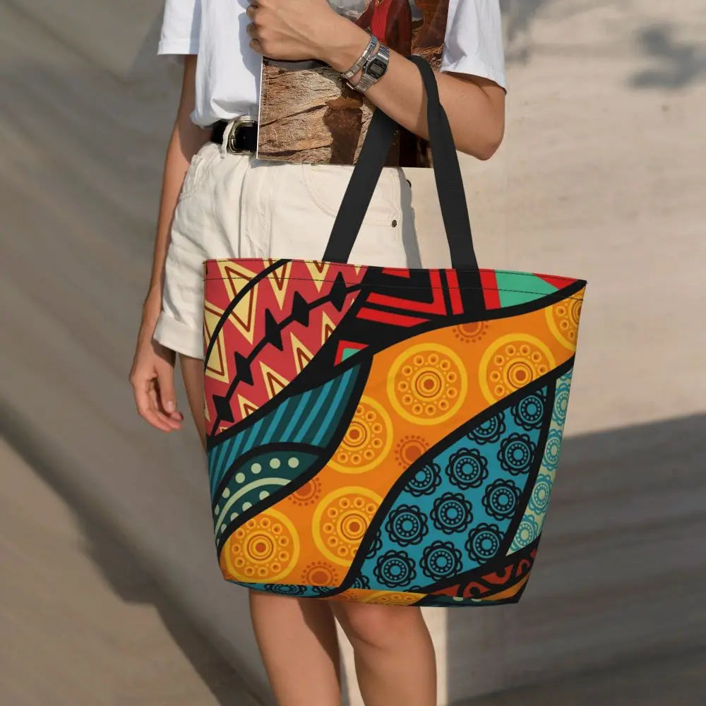 African Ankara Prints Grocery Shopping Tote Bags Women Geometric Ethnic Art Canvas Shoulder Shopper Bags Big Capacity Handbag