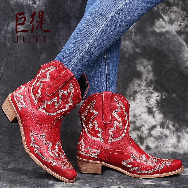 Casual Autumn Winter Western Cowboy Ankle Boots Women Snake Leather Cowgirl Booties Short Cossacks botas High Heels Shoes