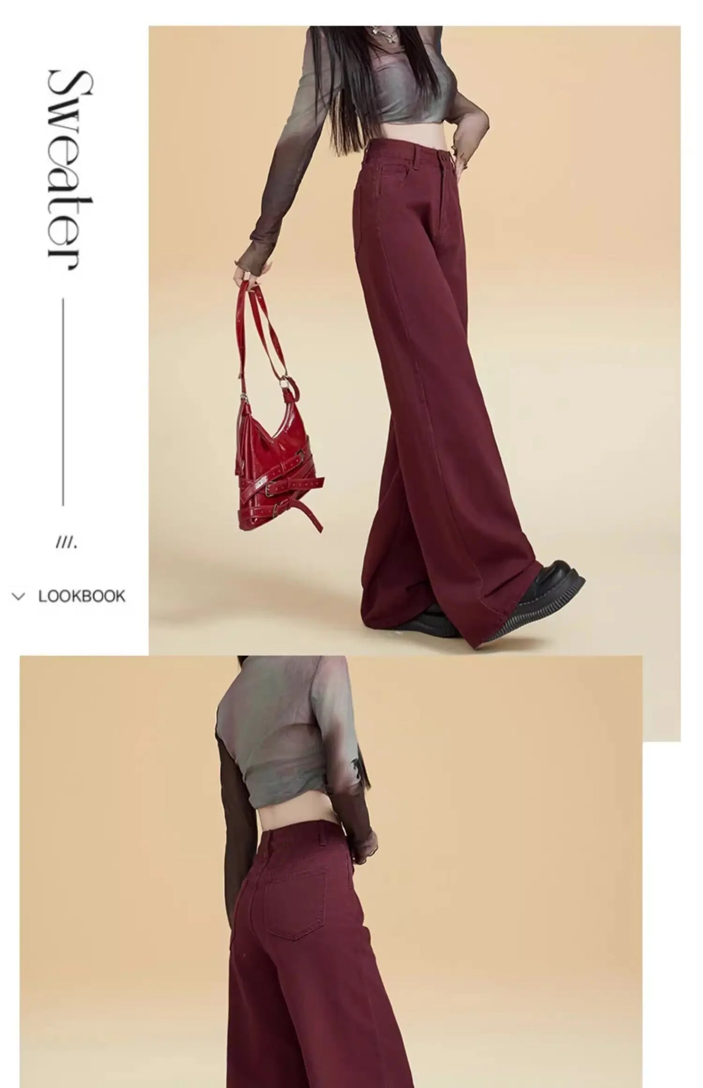 Women's Street Style Wide Leg Red Jeans American Vintage Casual Denim Trousers Female High Waist Loose Straight Pants