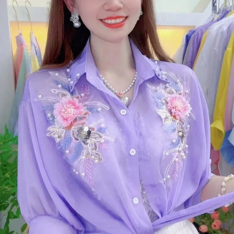 2024 Summer New Office Lady Temperament Sequined Bead Embroidered 3D Flower Chiffon Sun Protetion Casual Half-sleeved Shirt