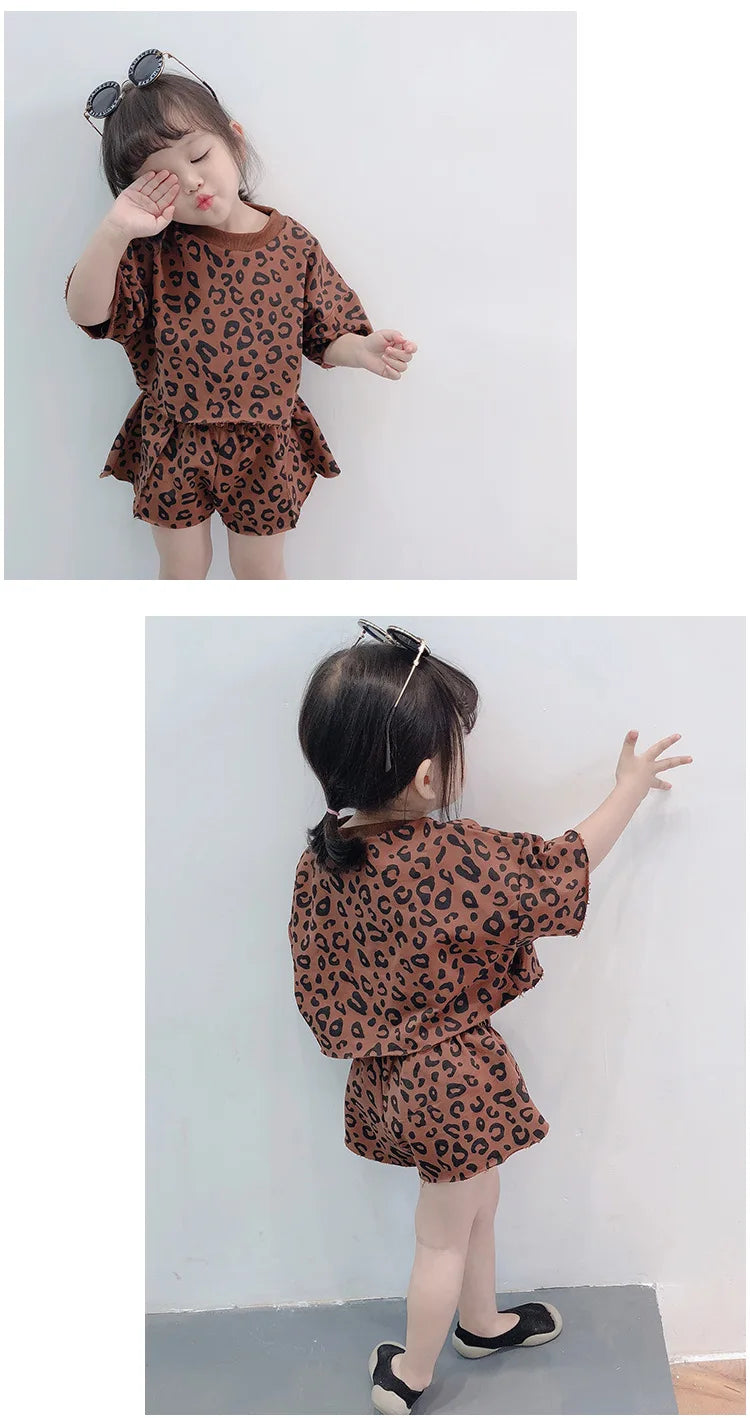 Fashion Baby Girls Sets Casual Summer Clothes Mother Kids Leopard Print Suit Cotton Short Sleeve T-shirt Pants Children's Set
