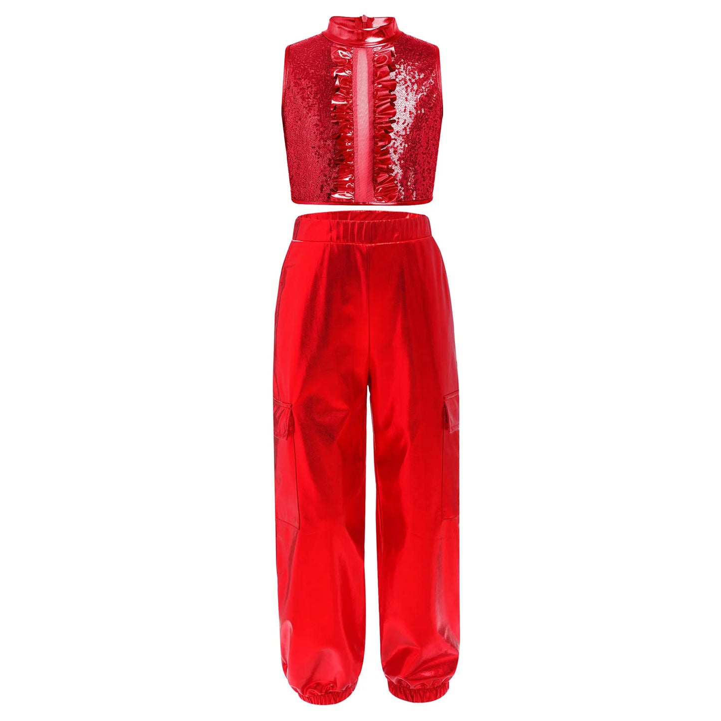 Kids Girls Disco Jazz Hip Hop Dance Outfit Sleeveless Shiny Sequin Ruffle Crop Top with Metallic Pants School Show Party Costume