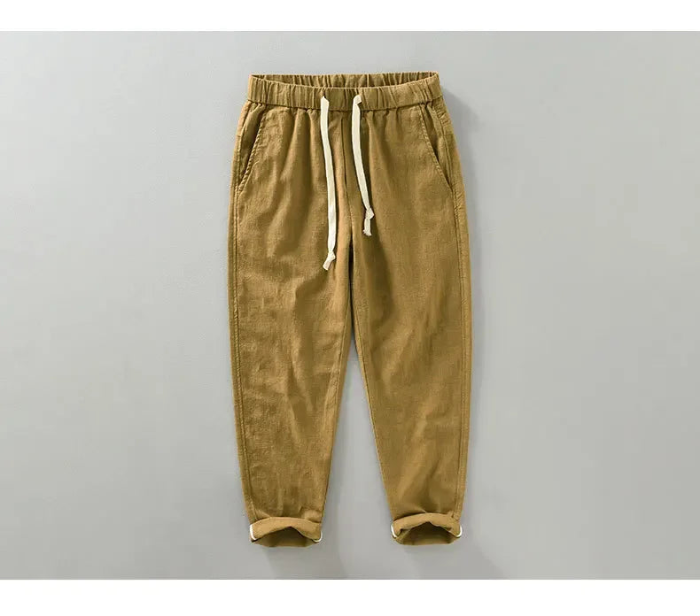 Men's Casual Harem Pants: Ankle-Length Linen Trousers in Vintage White, Brown, and Khaki - Breathable and Pleated for Comfort