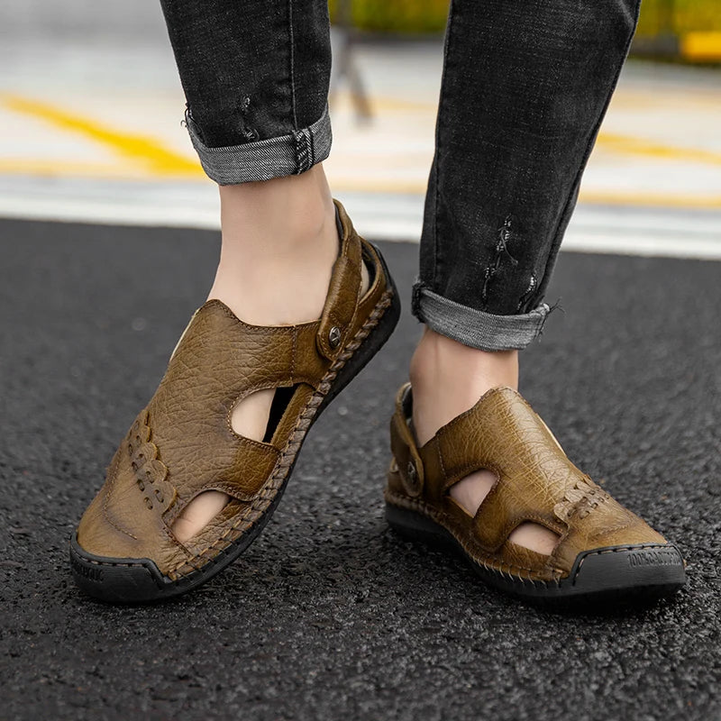 Men Soft Leather Sandals Breathable Comfort Daily Beach Big Size 45 46 Outdoor Slippers Open Toe Non-Slip Casual Summer Footwear