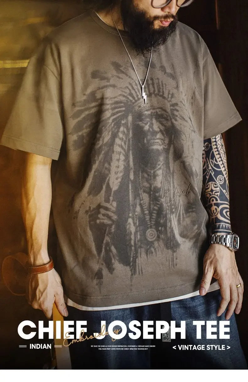Maden Vintage Heavyweight Navajo Print Short Sleeve T-Shirt Men's Summer Cotton Tee Letter Embroidered Loose Fit Crew Neck Tops