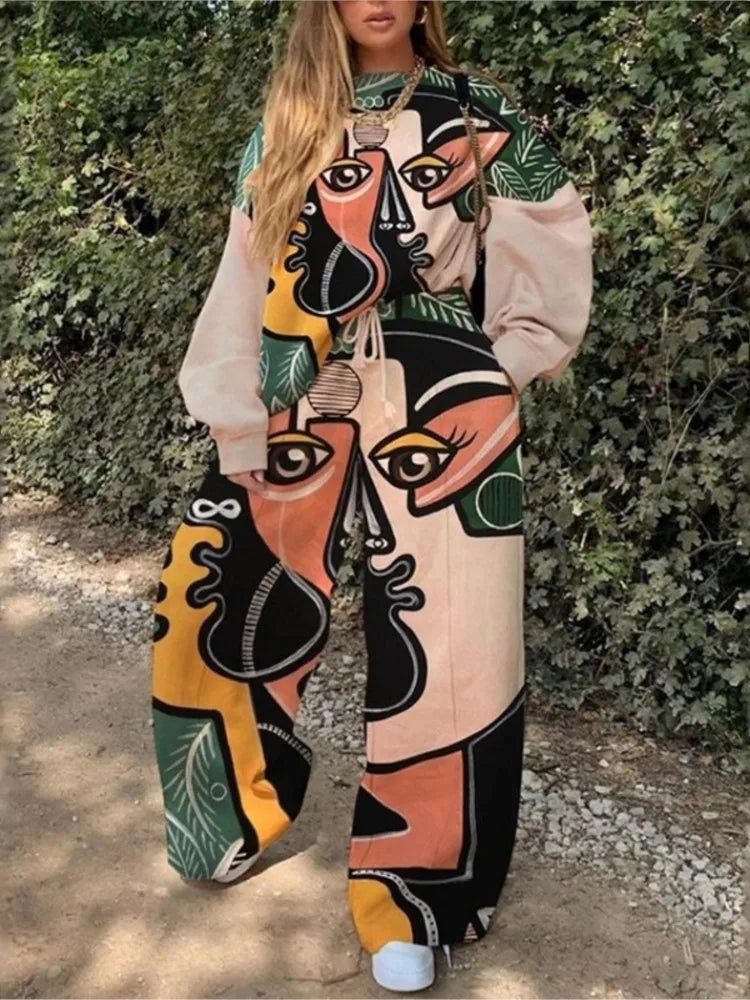 Fashion Print Oversized Tracksuit Suit Women Two Piece Pants Sets Casual Sweatshirt Trousers Streetwear 2 Piece Set Lady Outfit