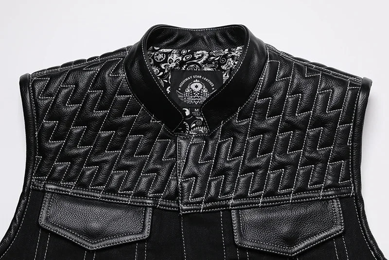 SOA Club Style Motorcycle Leather Vest Men Cowhide Denim Patchwork Waistcoat Sons of Anarchy Biker Vests Man Sleeveless Jacket
