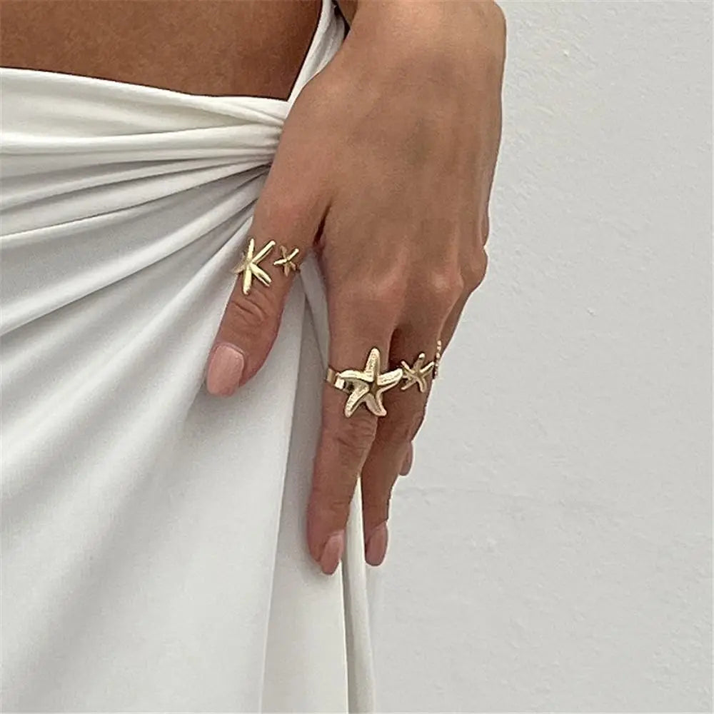 Starfish Scallop Adjustable Open Rings Gold Geometric Design Rings for Women Vacation Style Irregular Beach Jewelry Accessories