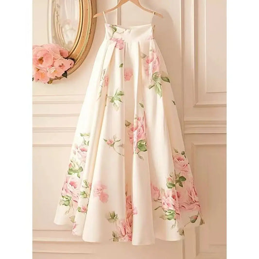 2025 summer long skirt women Korean white chiffon flower printed high waist midi skirt female