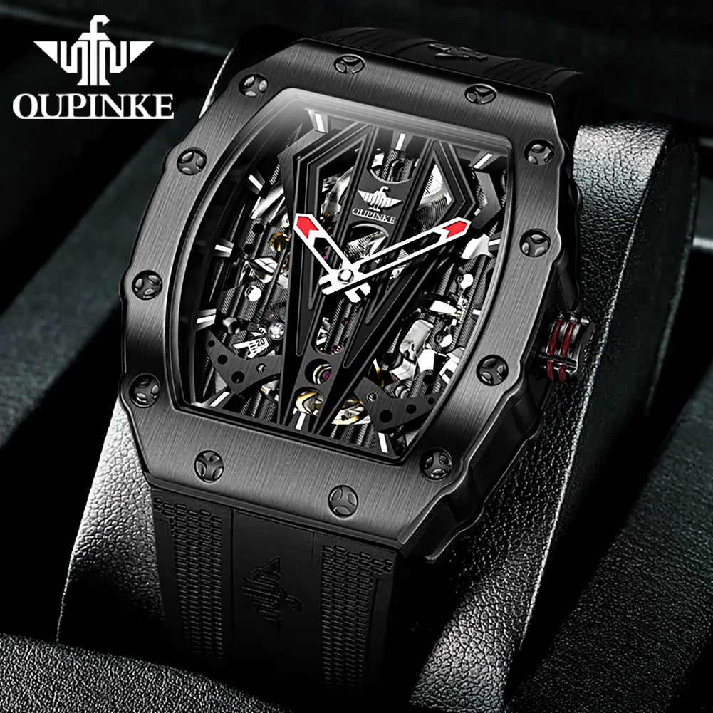 OUPINKE 3179 Automatic Watches for Man Silicone Strap Sapphire Mirror Waterproof Skeleton Tonneau Mechanical Men's Wristwatches