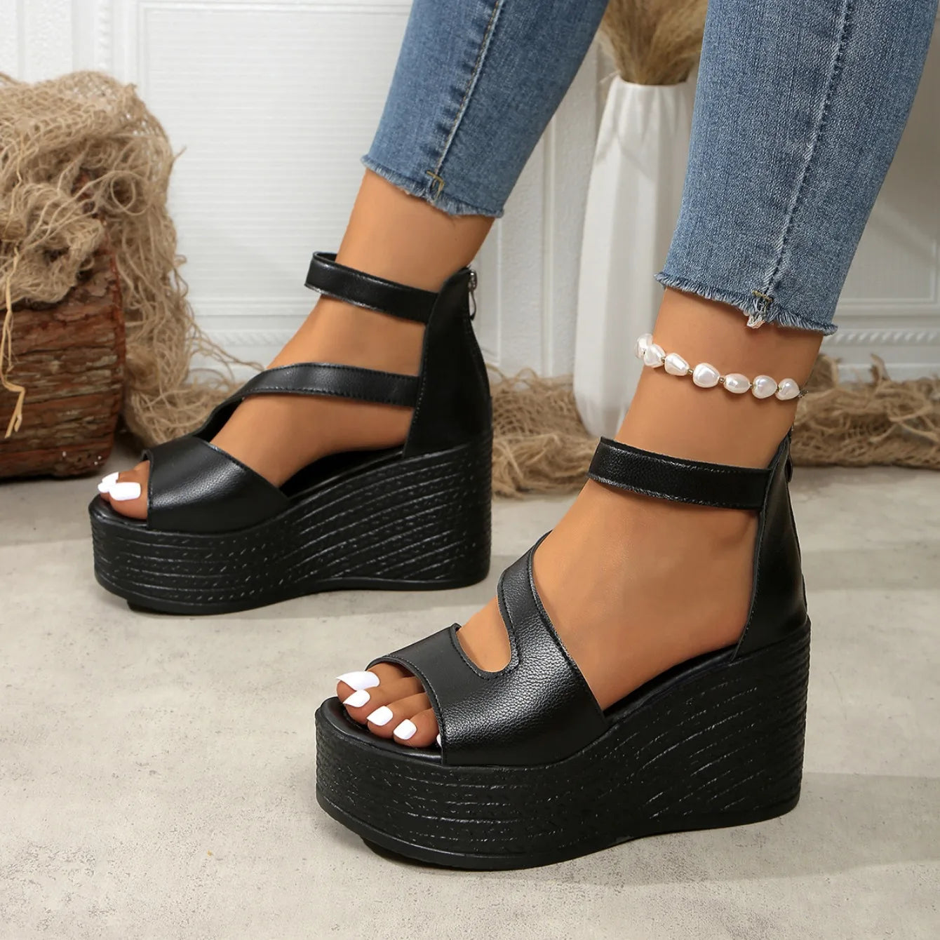 Women Wedges Sandals 2024 New Summer High Heels Sandals Women Fashion Beach Solid Platform Shoes for Women Sandalias De Mujer