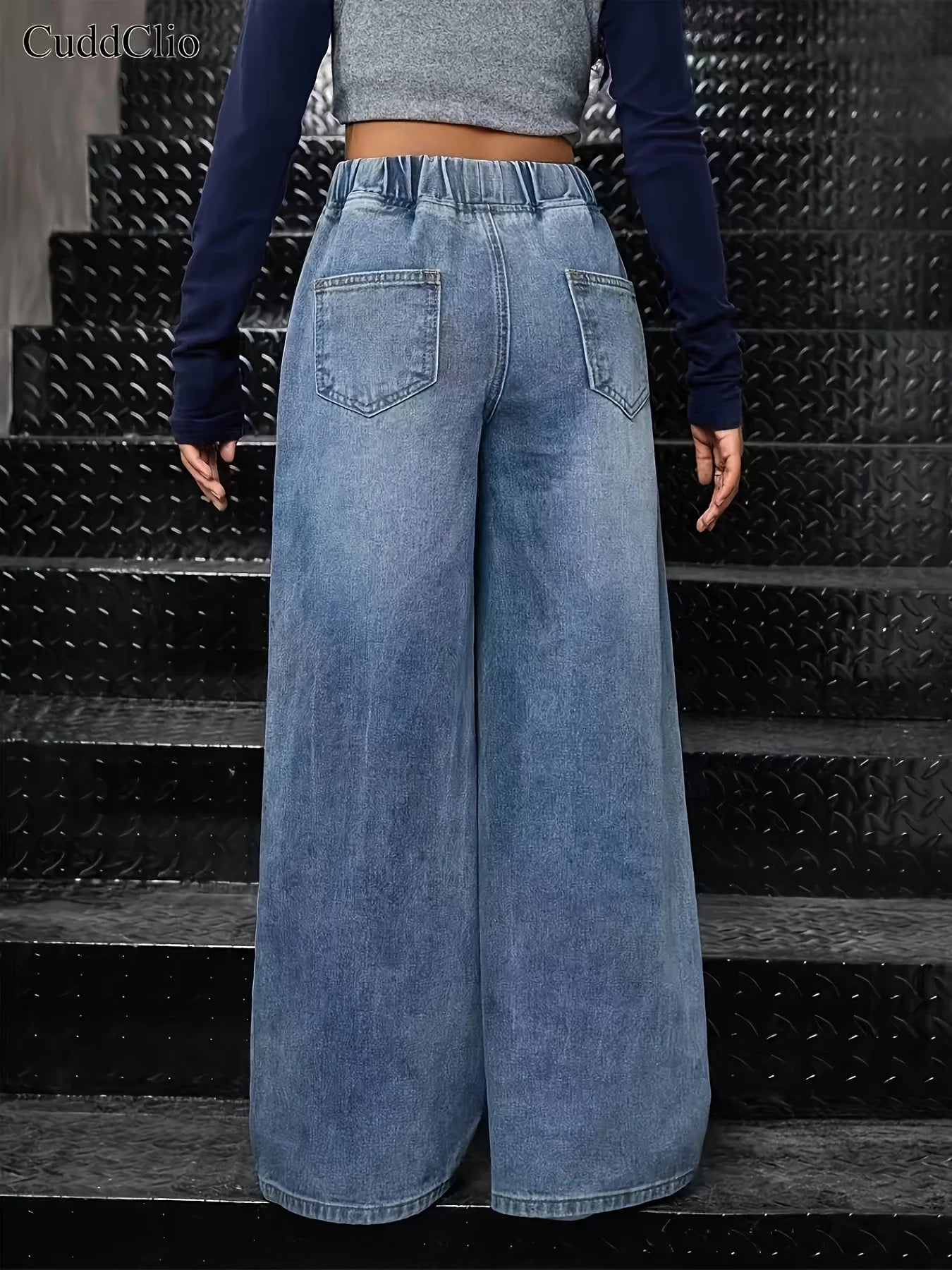 Girl's 2000s Trendy Street Style Loose and Comfortable Washed Denim Straight-Leg Pants, with Elasticized Stretch Waist