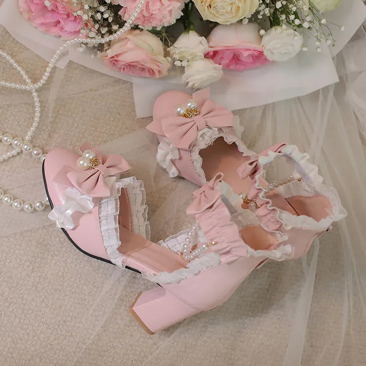 Ochanmeb Sweet Kawaii Girls Lolita Shoes Thick High Heels Cosplay Pumps Bow Knot Pearls Chain Ruffles Lovely Wedding Party Pumps