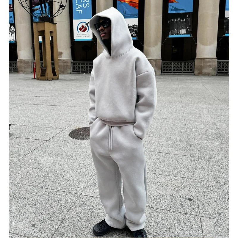Men's Casual Solid Hooded Pullover Straight Pants 2 Piece Set Tracksuit For Fashion Loose Hoodies Sweatshirt Wide Leg Sweatpants