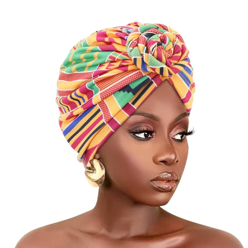 New African Knot turban Trend Floral Beanie Pre Tied Front Knot Elastic Head Wrap Elegant Women Chemo Cap Bandana Headwear