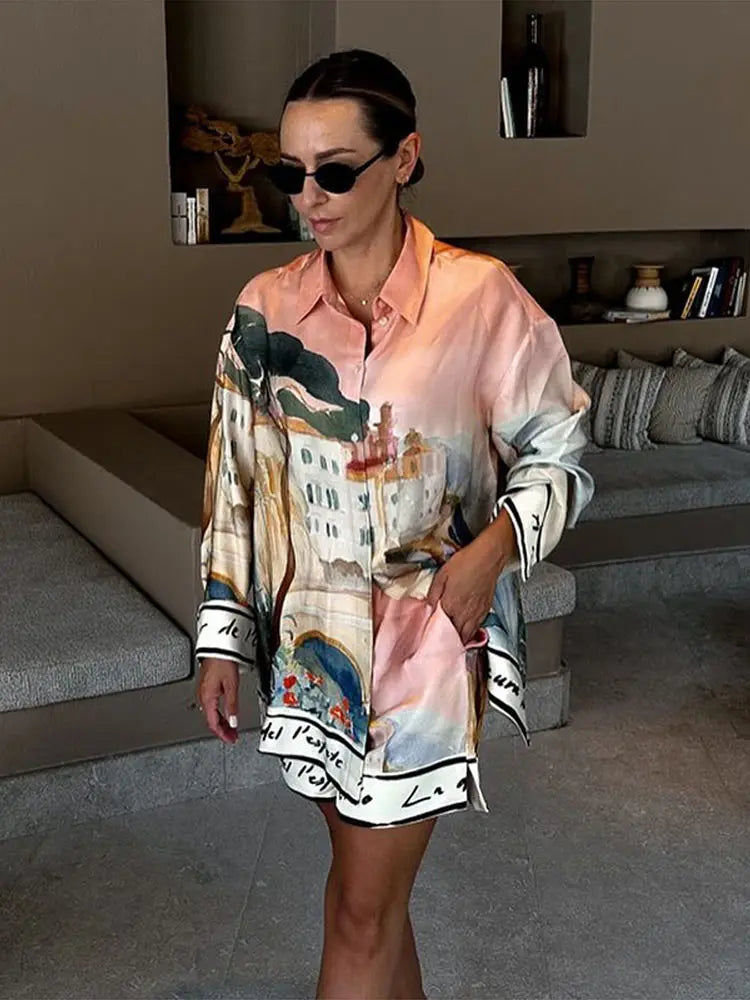 Floral Print Women Two Piece Set With Turn Down Collar Summer Casual Suit