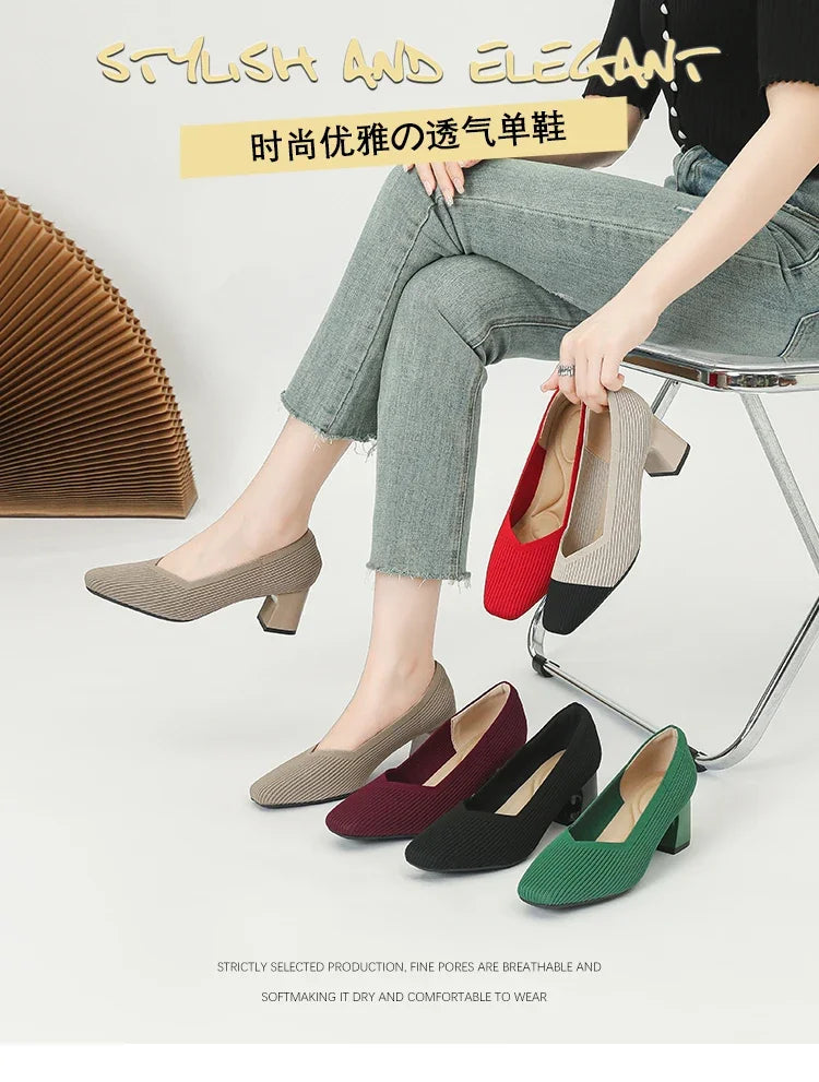 Shoes Woman High Heels Comfortable Square Knitted Breathable Comfortable Women's Flats Shoes (5cm High) 2025 New Collection
