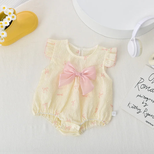 Baby Girls Summer Romper Cute Sweet Bow Print Sleeveless Ruffled Onesie Soft Breathable Bodysuit For Newborn