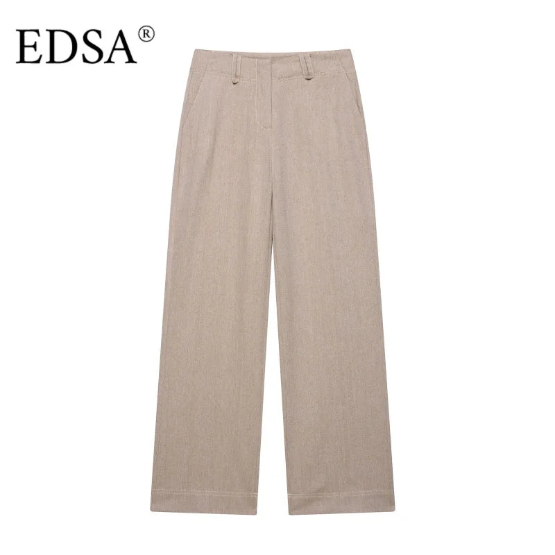 EDSA Women Khaki Herringbone Pants Set Cropped Jacket Long Sleeves Side Zip Low-rise Straight Leg Long Trousers Female Suits