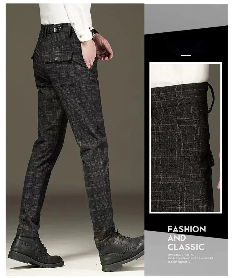 Fashion Black Grey Casual Trouses Mens Straight Fit Long Pants Striped Plaid Four Seasons High Quality Brand Business Trousers