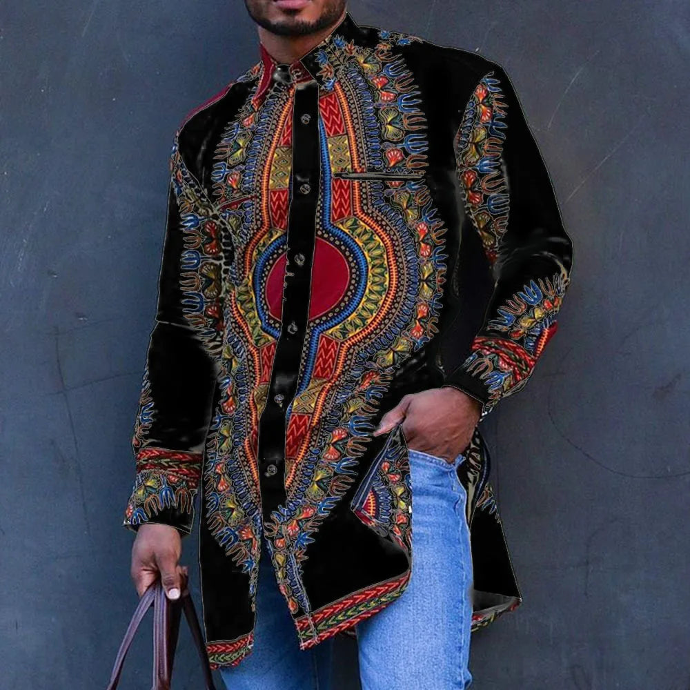 African Men's Clothing Ethnic Print Plus Size Tops Wedding Wear Classic Men's Long Sleeve Shirts Traditional Casual Shirts Male
