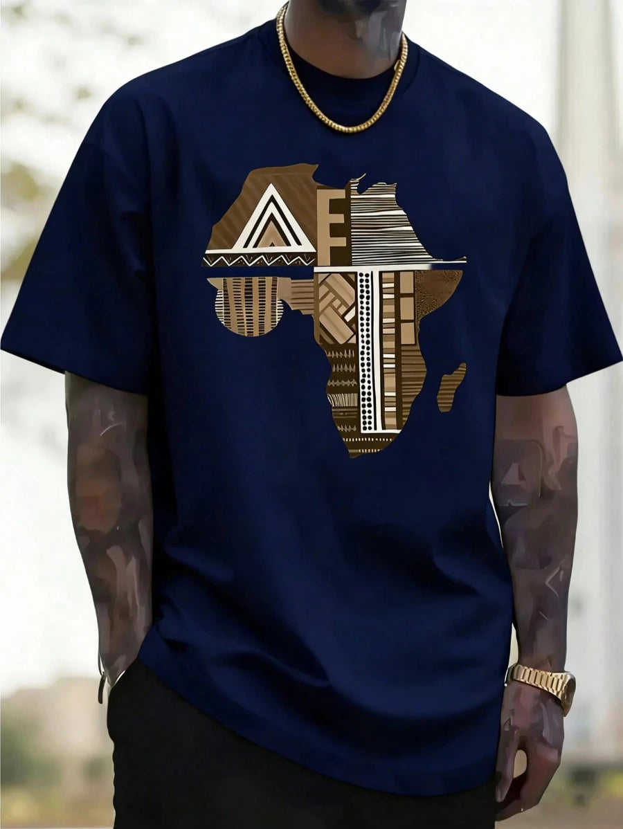 African Map Print Crew Neck Short-sleeved T-shirt, Outdoor Street Style, Hip-hop Casual Comfortable Top, Spring and Summer.