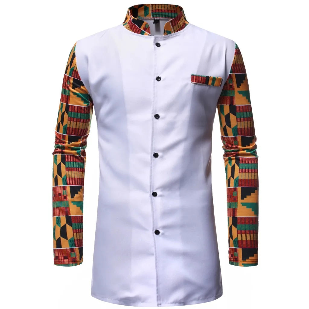 African Style Men's Two Piece Sets Fashion Patchwork Design Stand Collar Long Sleeve Shirt and Pants Male African Dashiki Outfit