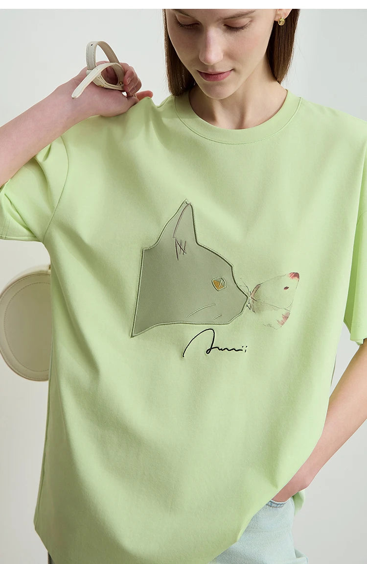 AMII Summer Casual T-shirt for Women 2025 Print Round Neck Short Sleeve Shirts Lady Fashion New Loose Clothes Woman 12522007