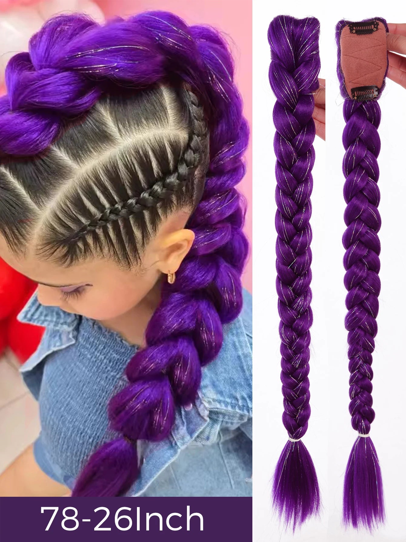 Synthetic 26inch Long Ponytail with Clips Braided Purple Hair Ponytail Rumi Costume Hairstyle for Kids Girls Halloween Christmas