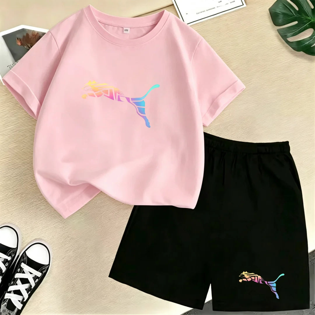 Kids Summer Casual Round Neck T-shirt Colorful Gradation Animals Boy Girl3-12Yrs Short-Sleeved+Shorts Fashion Sports Clothes Set