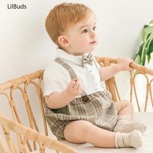 2025 Romper Infant Toddler Boys Girl Plaid Overall Short Sleeve Infant Top and Bottom Clothes Set Summer Spanish Boy Clothes