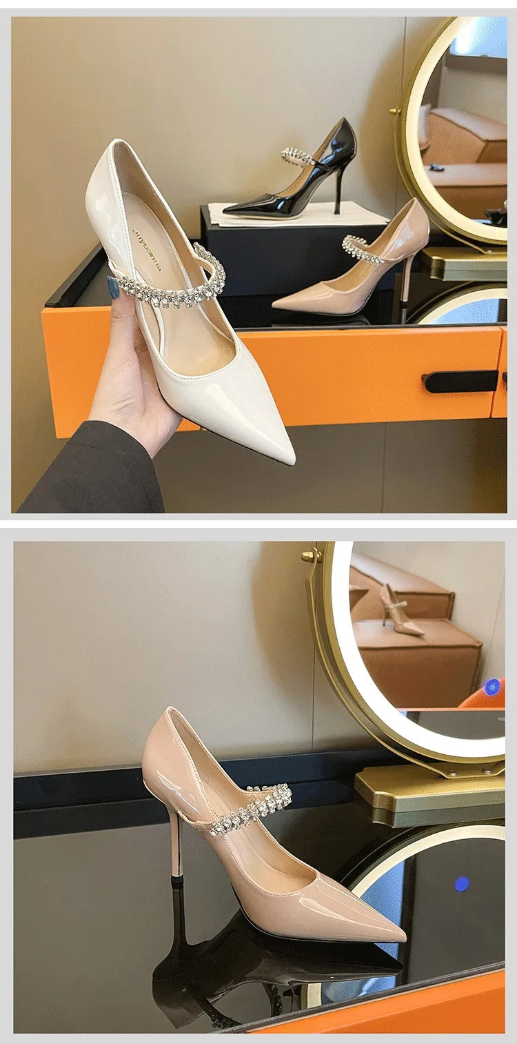 Spring 2025 New French Rhinestone Pointed White High Heels Temperament Patent Leather Shoes Women Wedding Pumps